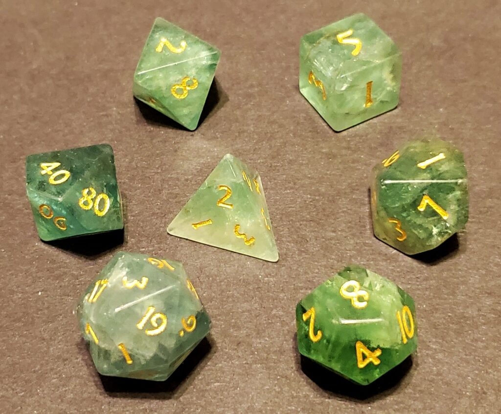 Green Fluorite Dice Set - Green Fire