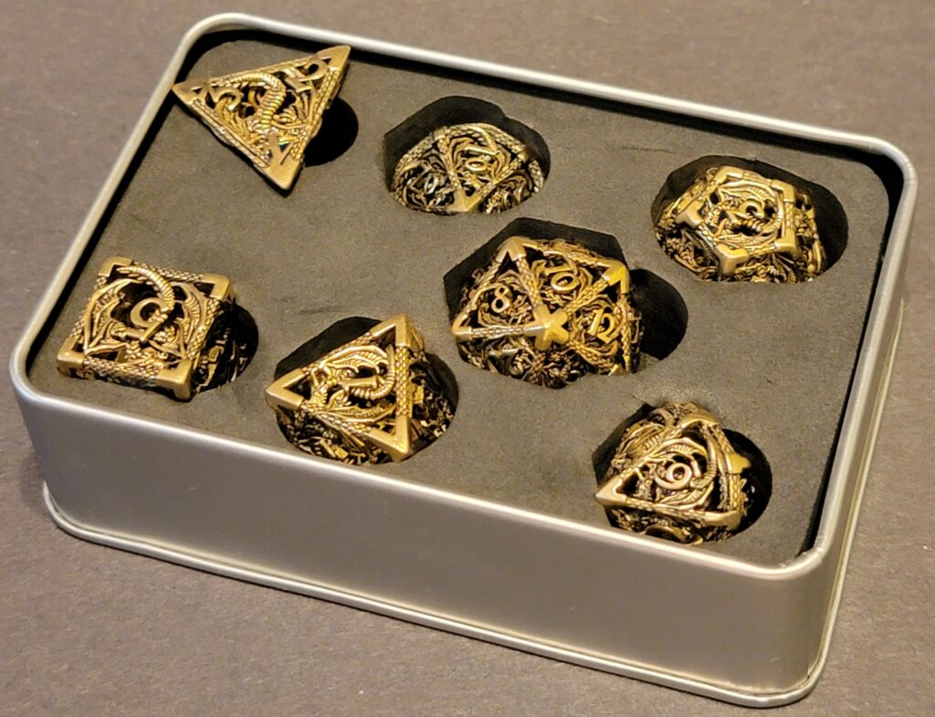 Steel Dragon Hollow Metal Dice Set - Gold