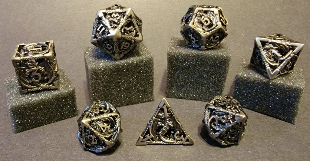 Steel Dragon Hollow Metal Dice Set - Silver